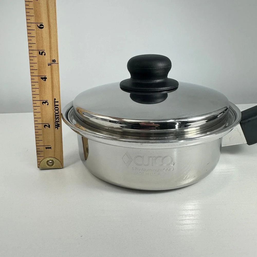 Cutco 2 QT 5 Ply Aluminum Core Stainless Saucepan with Lid  USA Silver Black 7in